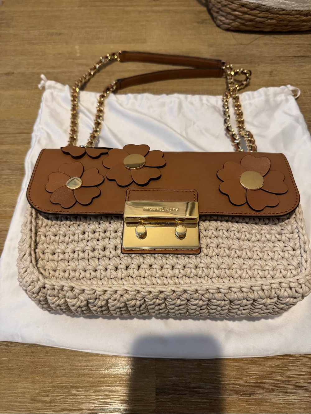 Michael Kors Brown Leather Floral Flap with Cream Crochet Shoulder Bag